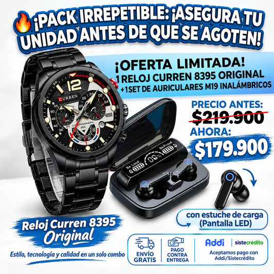 COMBO RELOJ CURREN 8395+AUDIFONOS M19