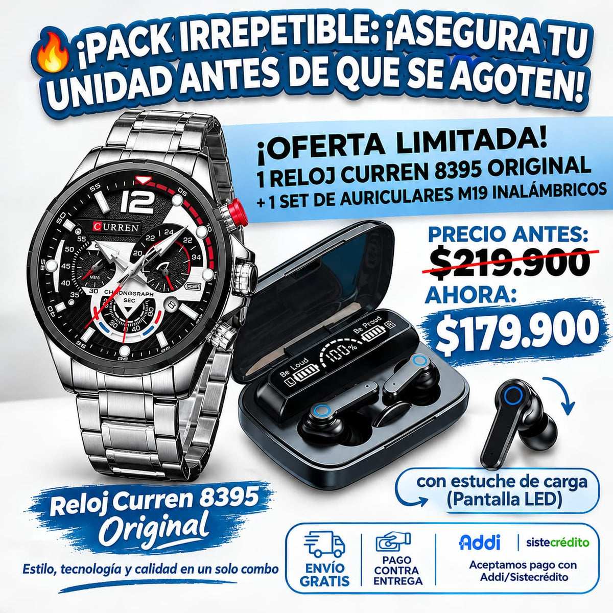 COMBO RELOJ CURREN 8395+AUDIFONOS M19