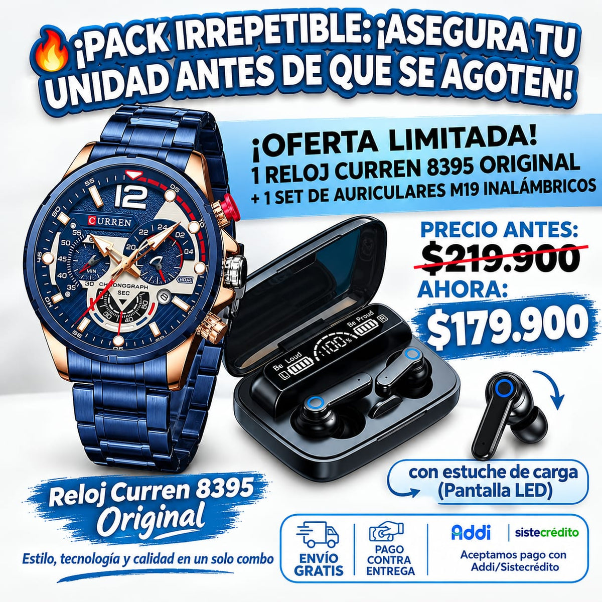 COMBO RELOJ CURREN 8395+AUDIFONOS M19
