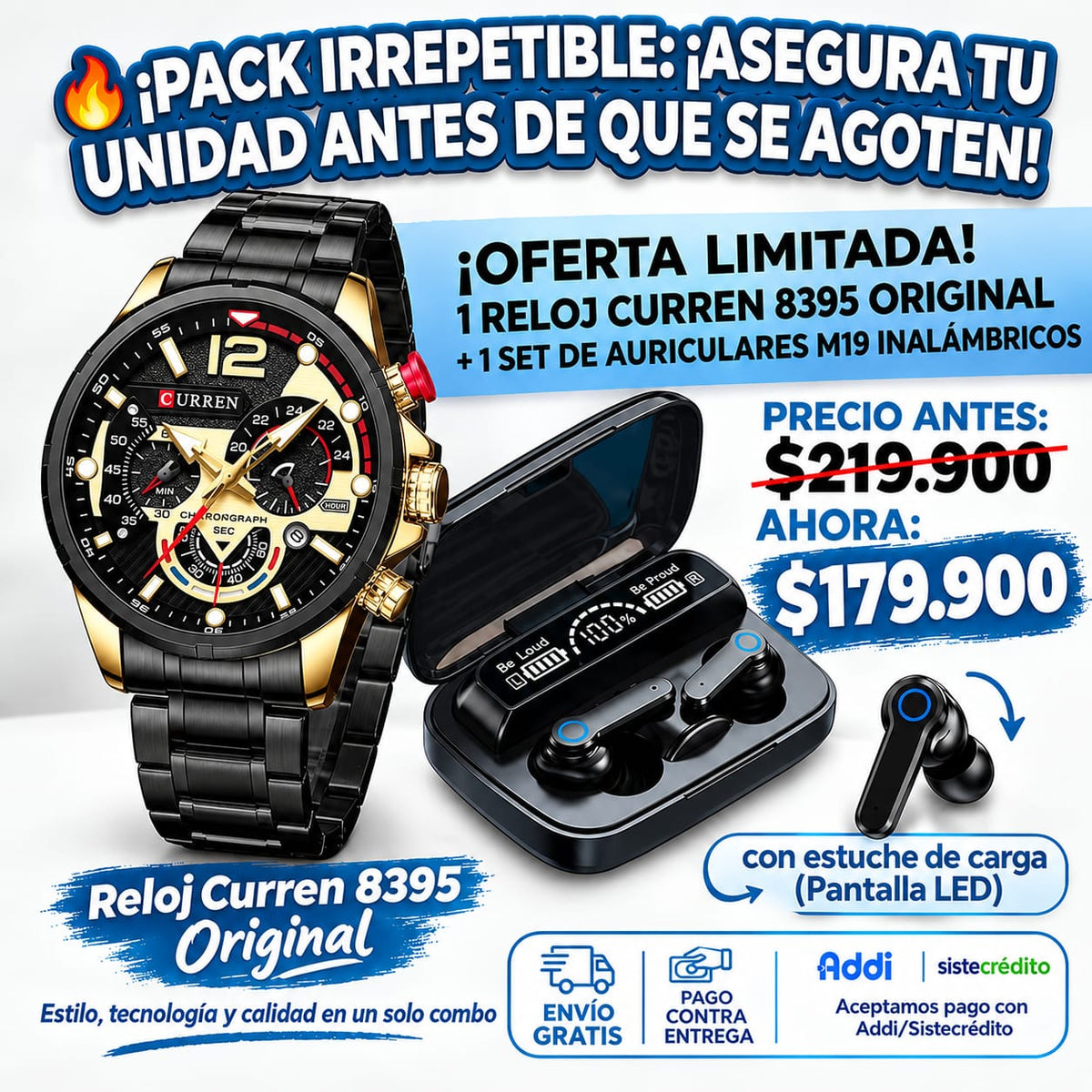 COMBO RELOJ CURREN 8395+AUDIFONOS M19