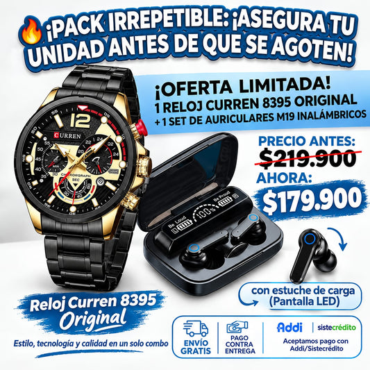 COMBO RELOJ CURREN 8395+AUDIFONOS M19