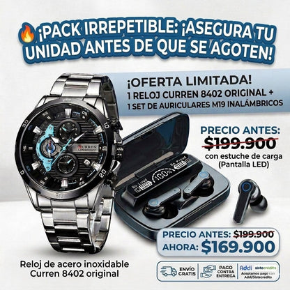 COMBO RELOJ CURREN 8402+AUDIFONOS M19