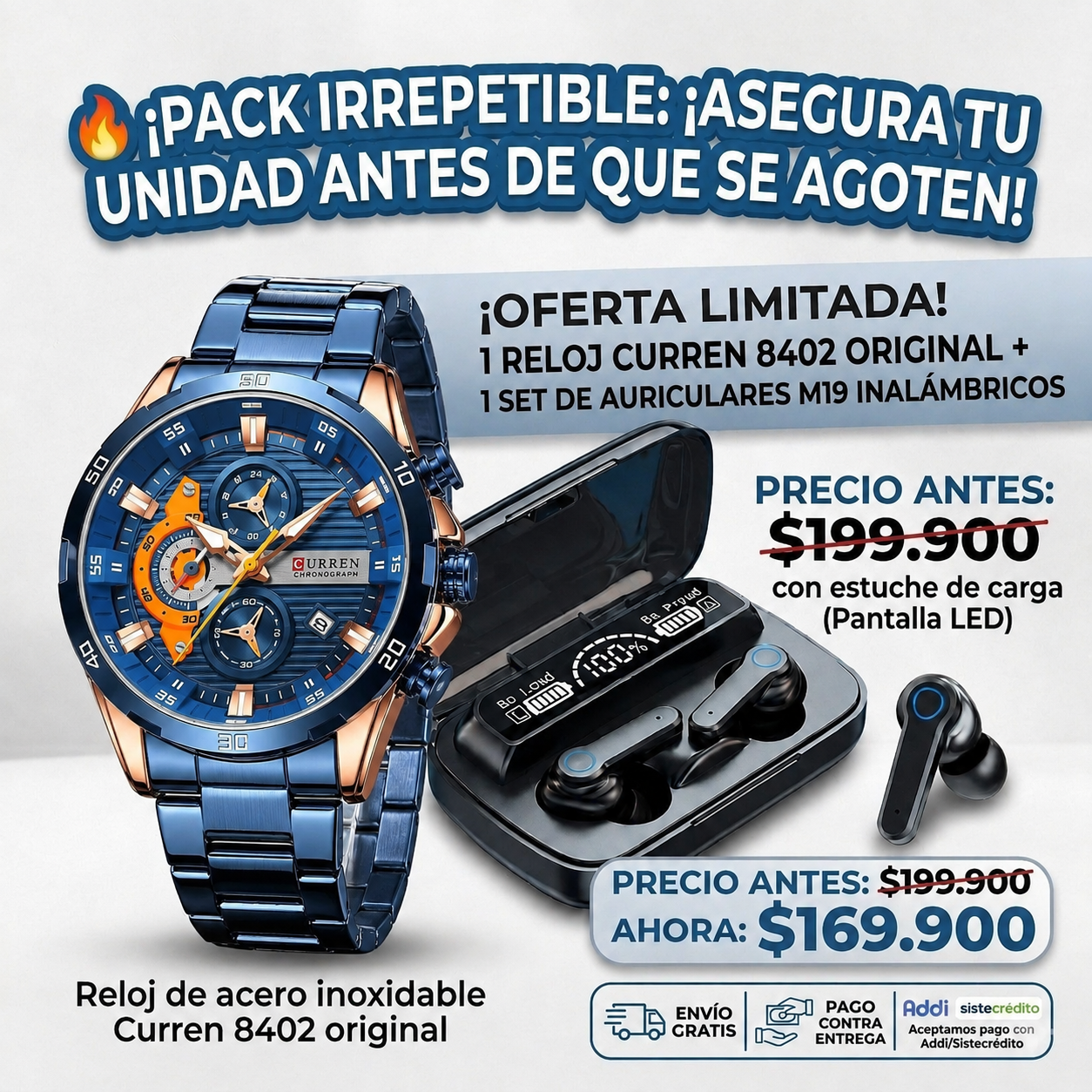 COMBO RELOJ CURREN 8402+AUDIFONOS M19