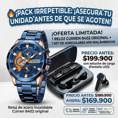 COMBO RELOJ CURREN 8402+AUDIFONOS M19