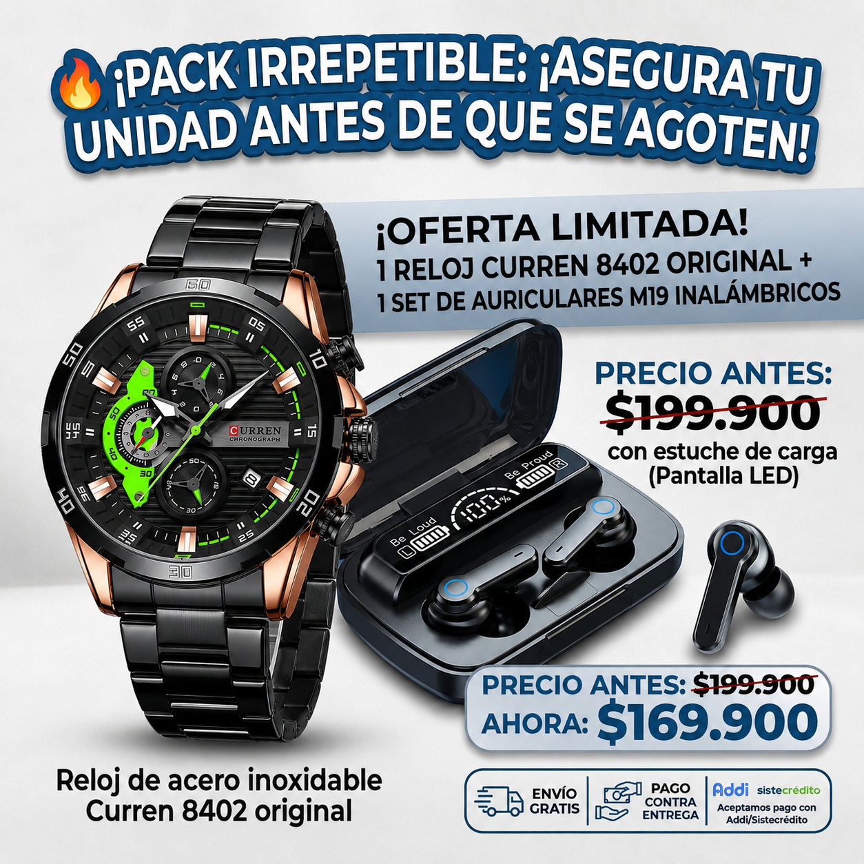 COMBO RELOJ CURREN 8402+AUDIFONOS M19