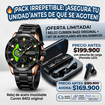 COMBO RELOJ CURREN 8402+AUDIFONOS M19